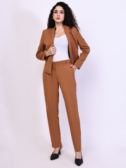 Exude Power Mandarin Collar Short Blazer with with Straight Fit Trousers (Tan)