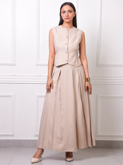 Beige Linen Pearl Button Waistcoat Vest