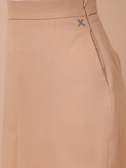 Exude Unstoppable Grace Midi Skirt With Front Slit (Beige)