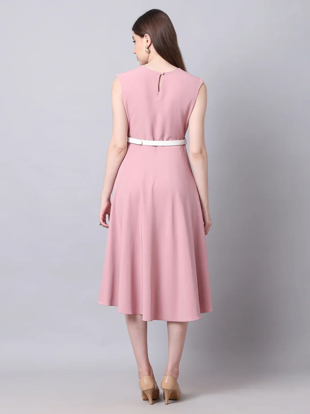 Exude Warmth Fit &amp; Flare Dress with Belt Blush Pink Dresses