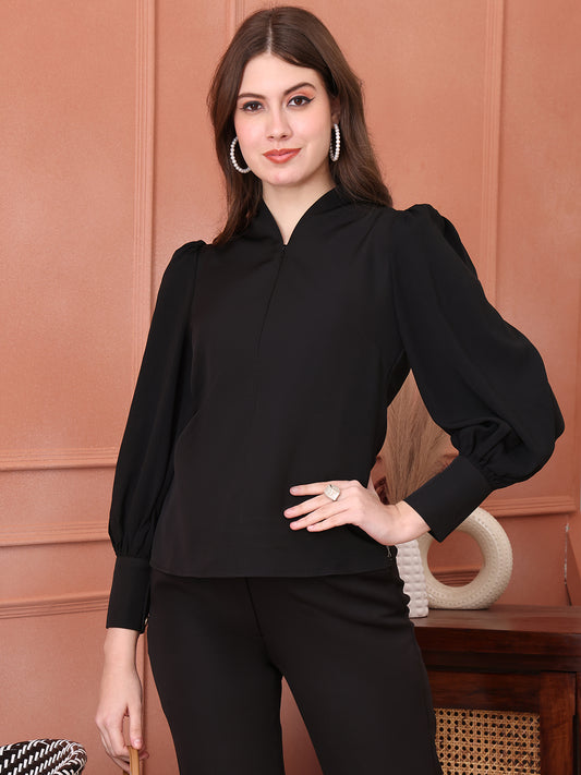 Exude Whimsical Wonders Dramatic Puff Sleeve Top with Front Zip (Black)