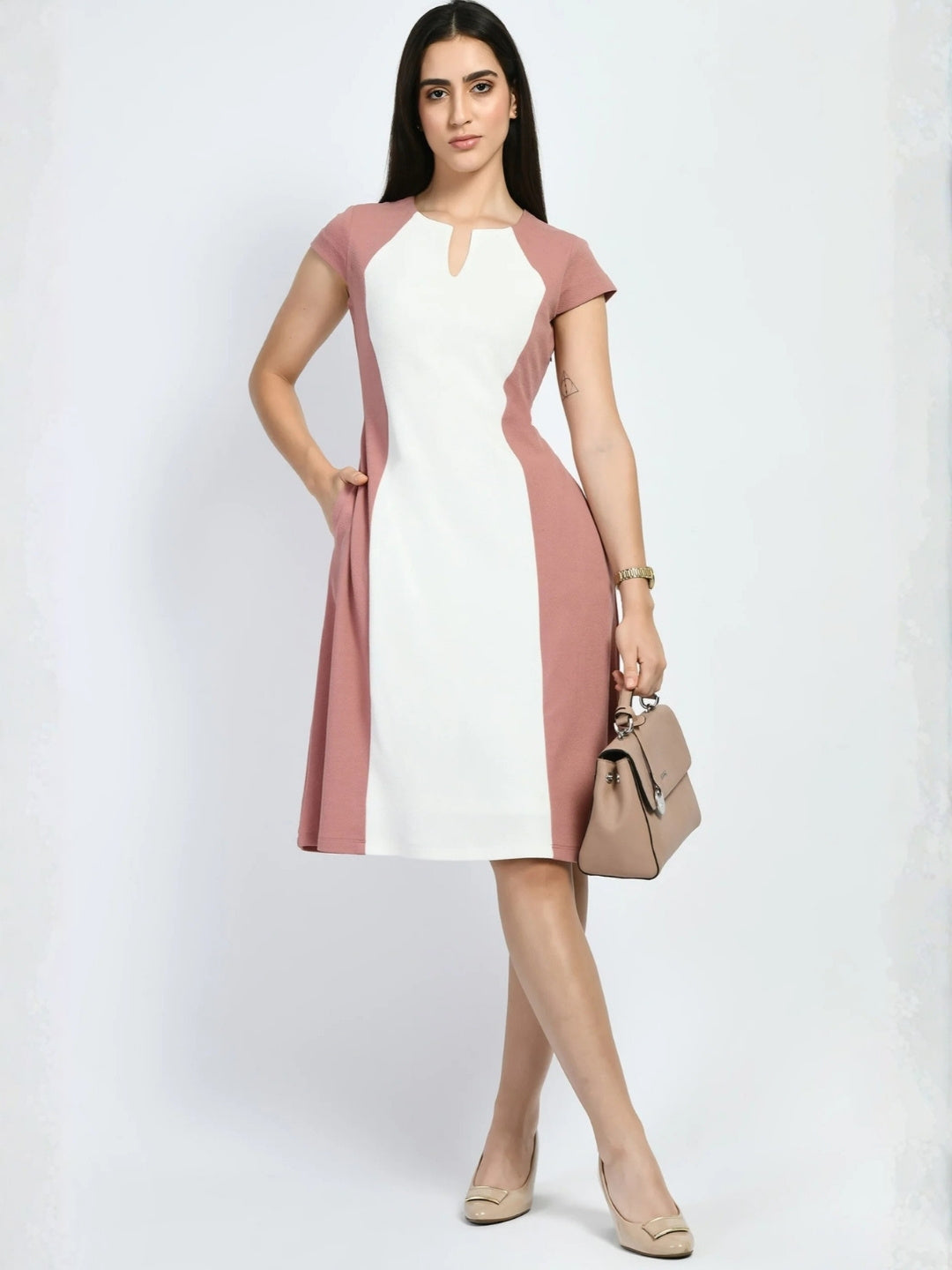 Exude Awe Colour-blocked Sculpt A-line Dress Cherry Pink Dresses