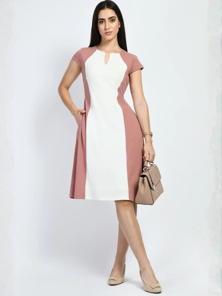 Exude Awe Colour-blocked Sculpt A-line Dress Cherry Pink Dresses