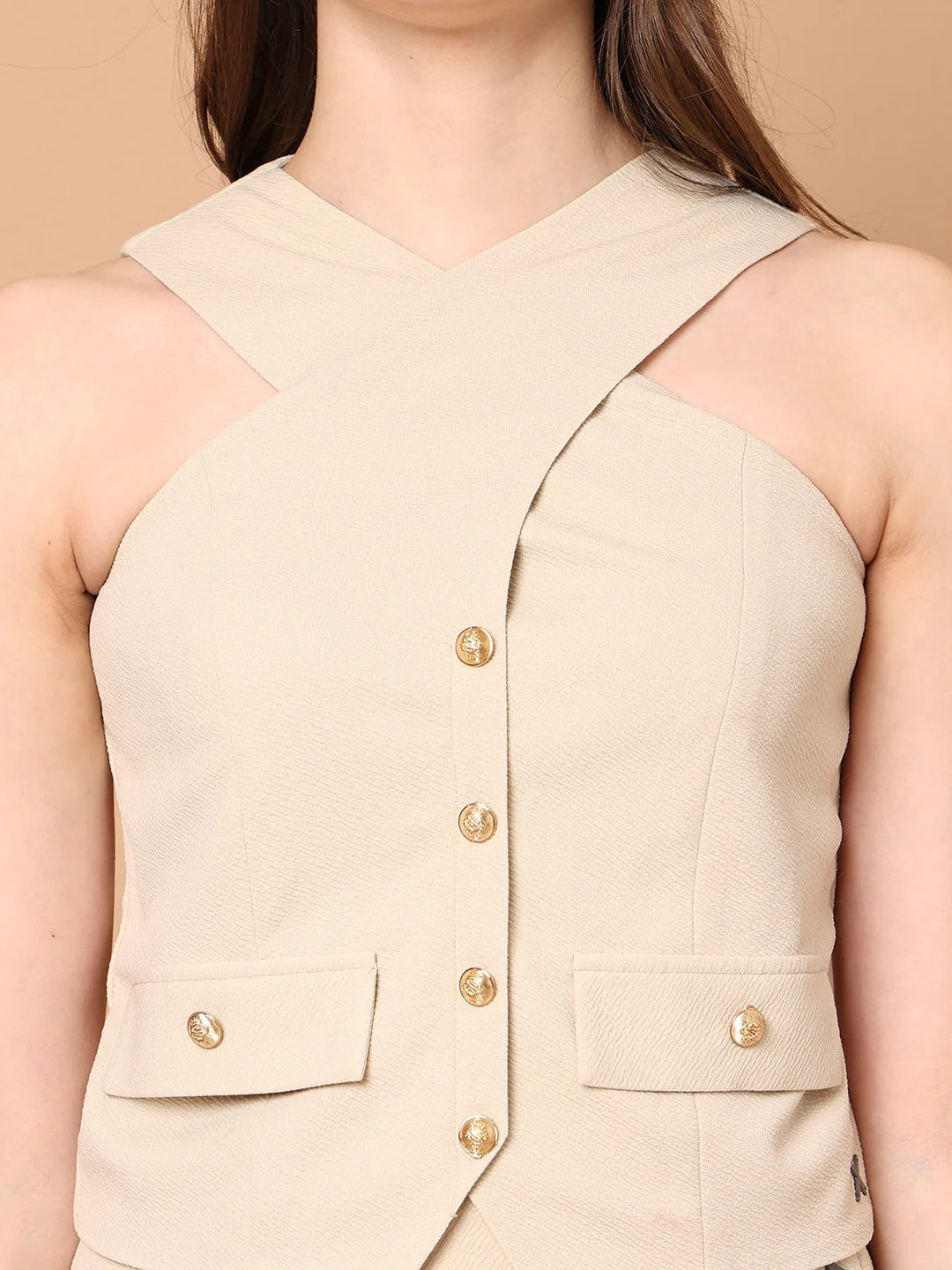 Exude Runway-Ready Long Skirt with Halter Top Beige Co-ord Sets