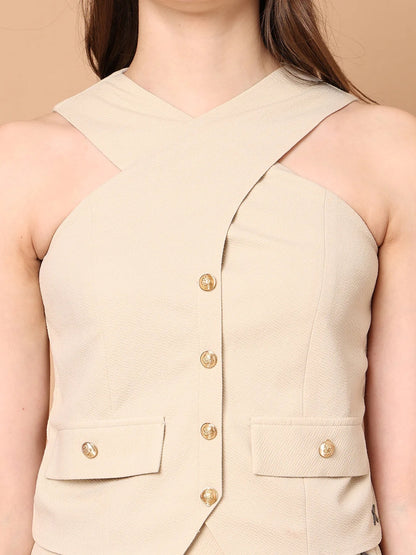 Exude Runway-Ready Long Skirt with Halter Top Beige Co-ord Sets