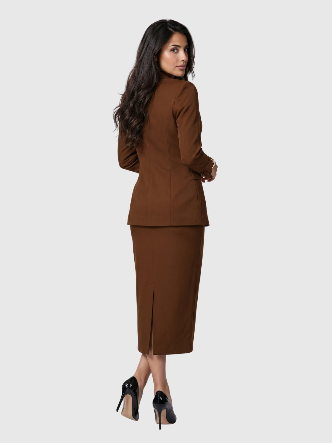 Exude Mocha Grace Embroidered Blazer Skirt Set