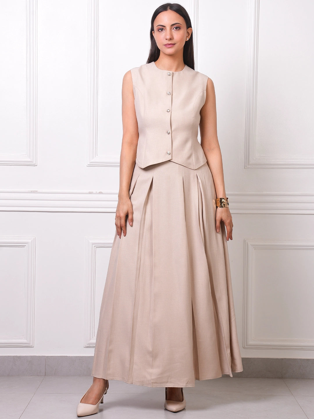 Beige Linen Pleated A-Line Maxi Skirt