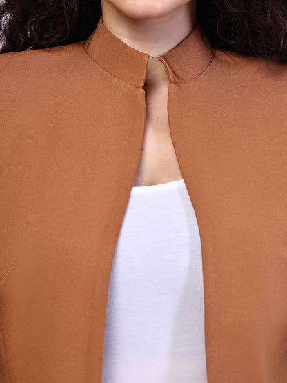 Exude Power Mandarin Collar Short Blazer with with Straight Fit Trousers (Tan)