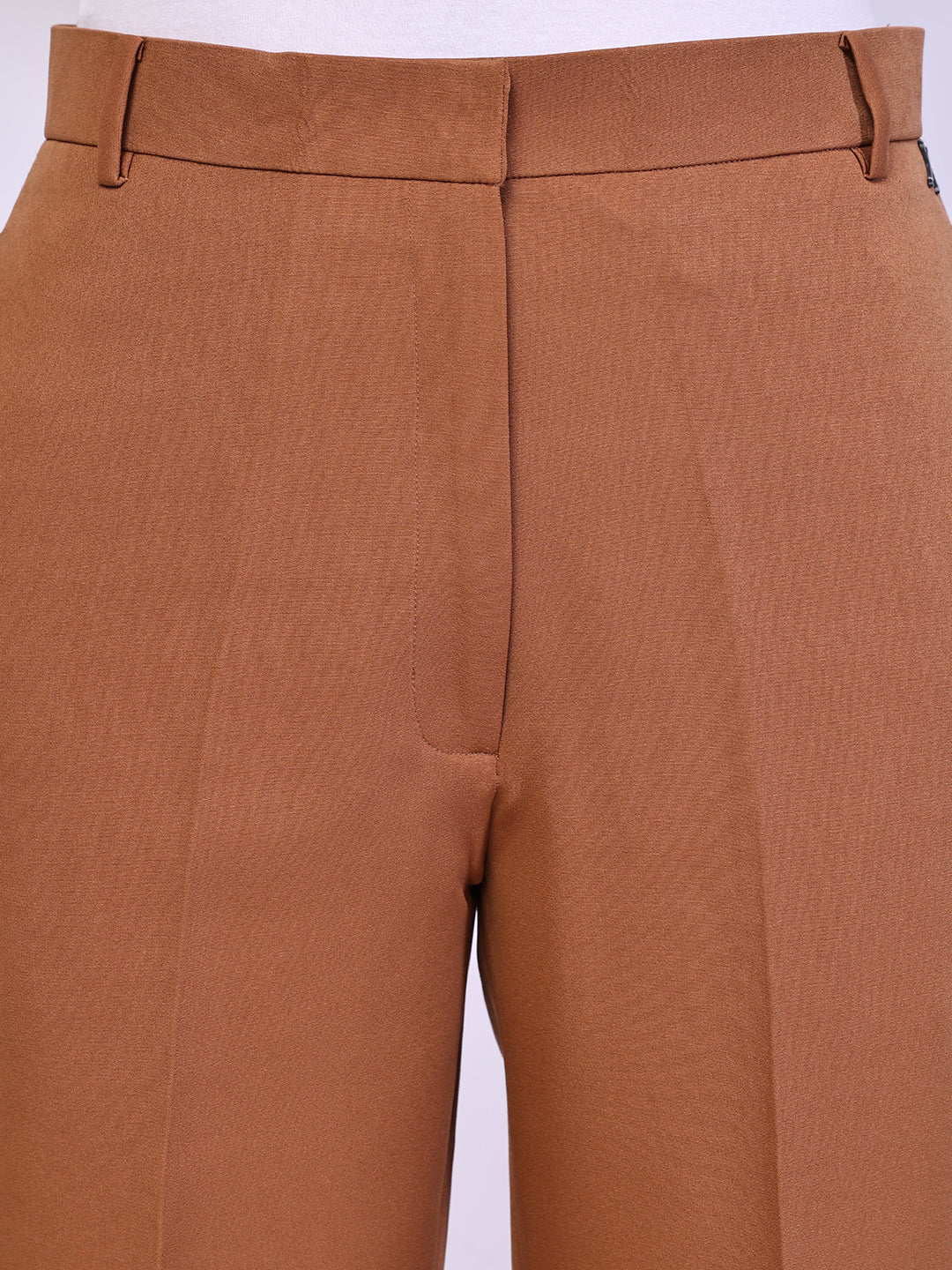 Exude Timeless Threads Straight Fit Trousers with Pockets Tan Brown 