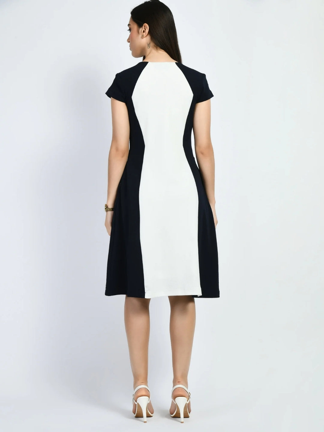 Exude Awe Colour-blocked Sculpt A-line Dress Navy Dresses