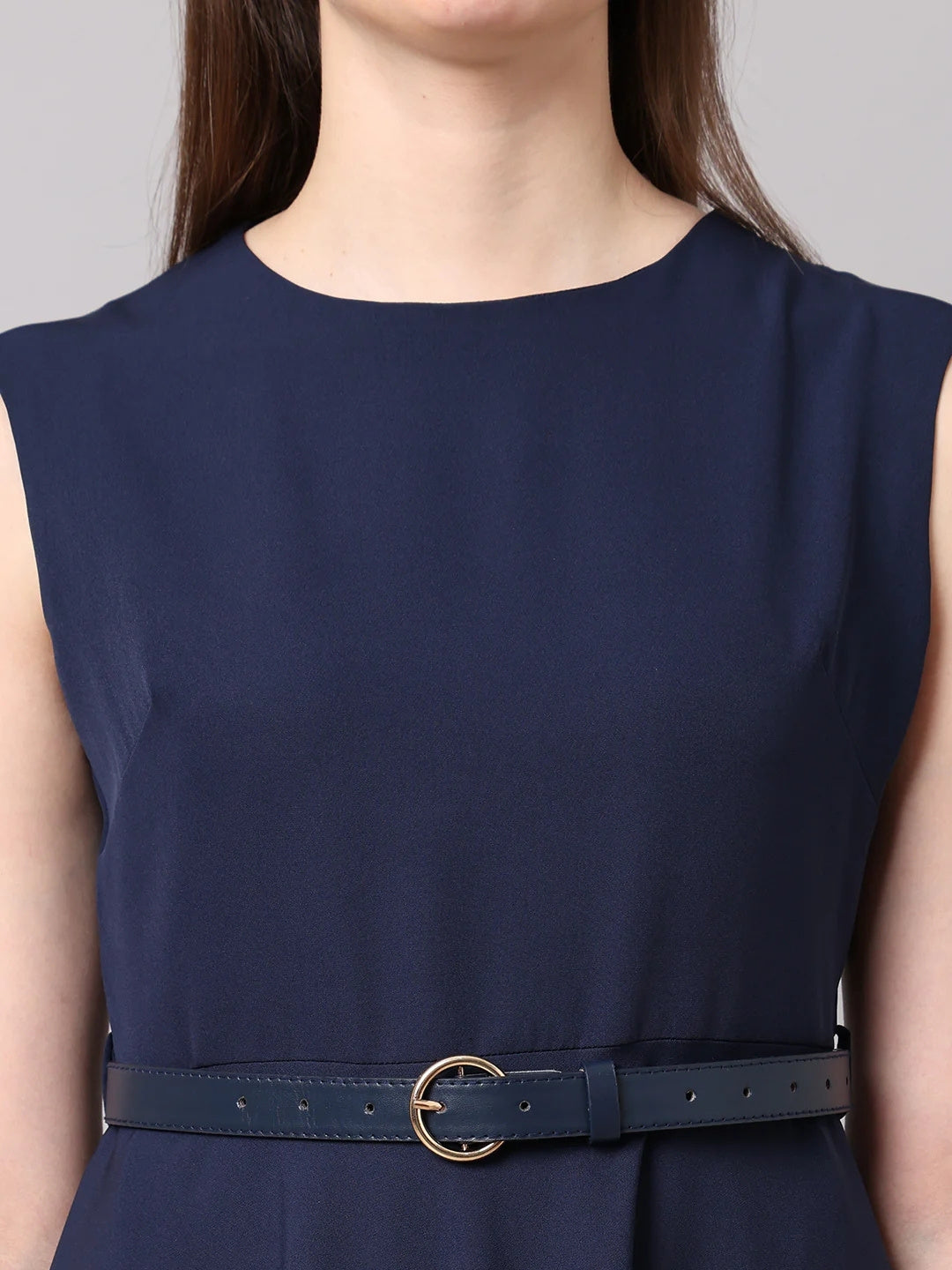 Exude Warmth Fit &amp; Flare Dress with Belt Navy Dresses