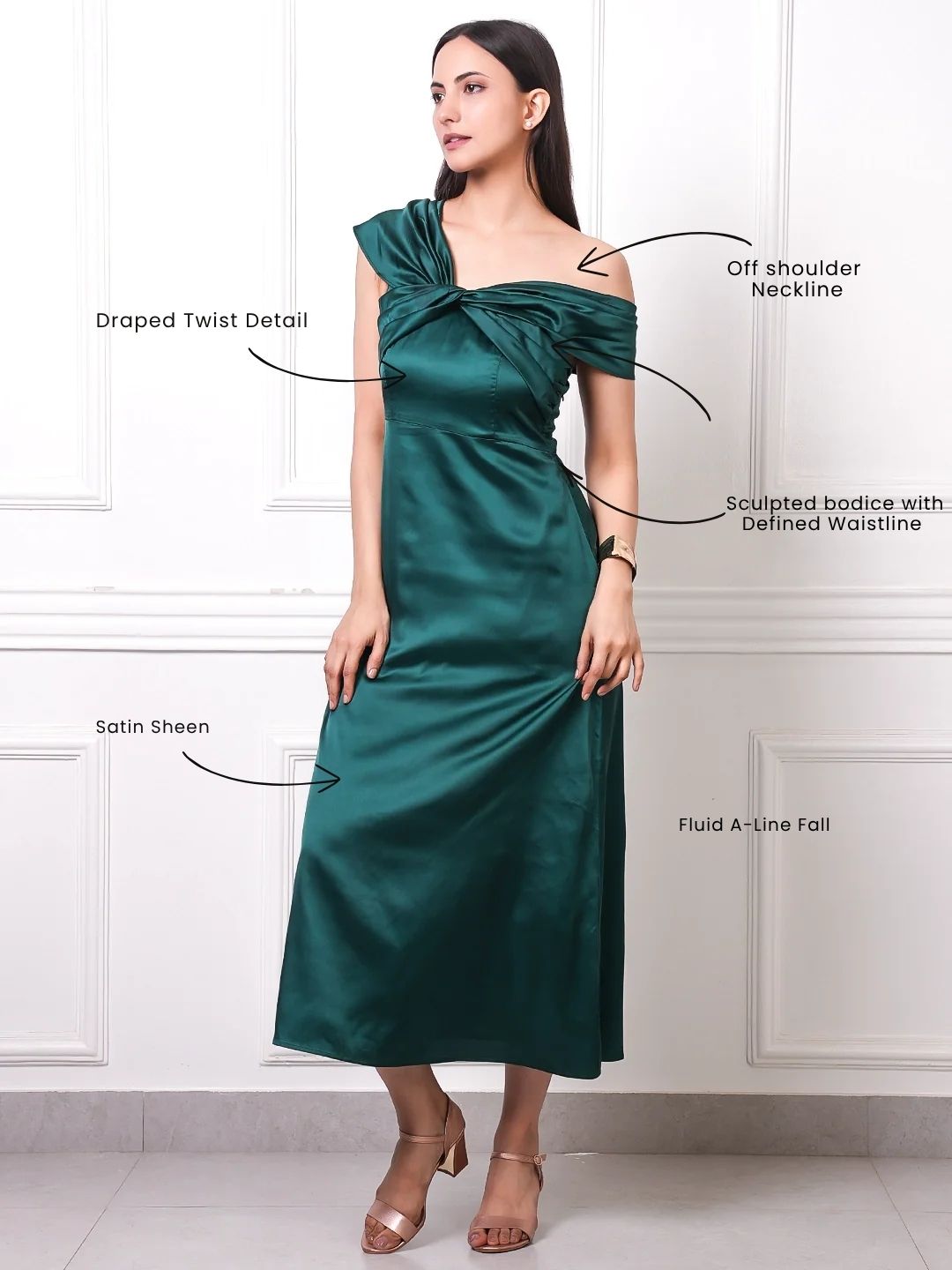 EXUE Emerald Twist Off-Shoulder Satin Midi Dress