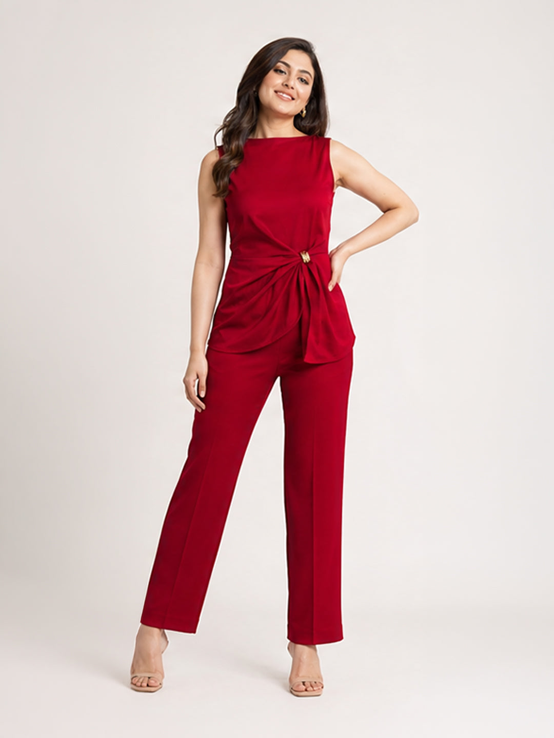 Crimson Knot-Front Top &amp; Trouser Set