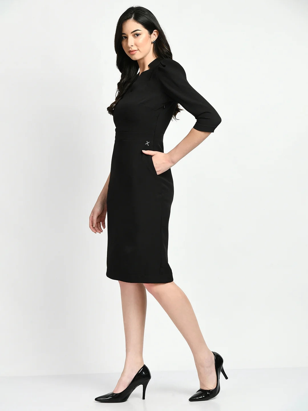 Exude Grace Puff Sleeves Sheath Dress Black Dresses