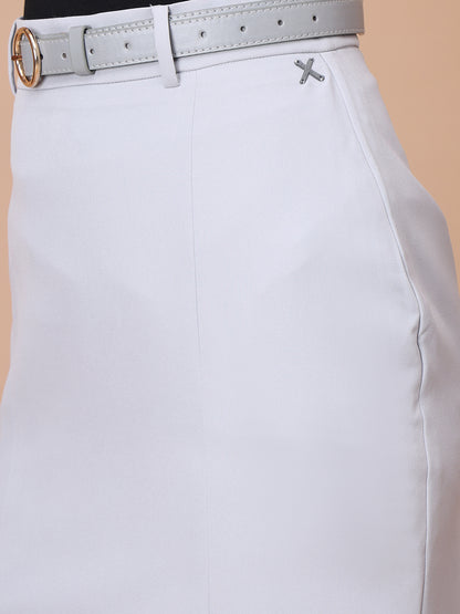 Exude Courageous Spirit Knee Length Front Slit Skirt with Belt (Grey)