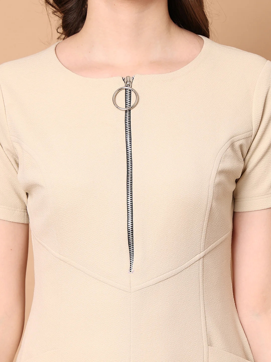 Exude Celebration A-line Zip Dress With Pockets Beige Dresses