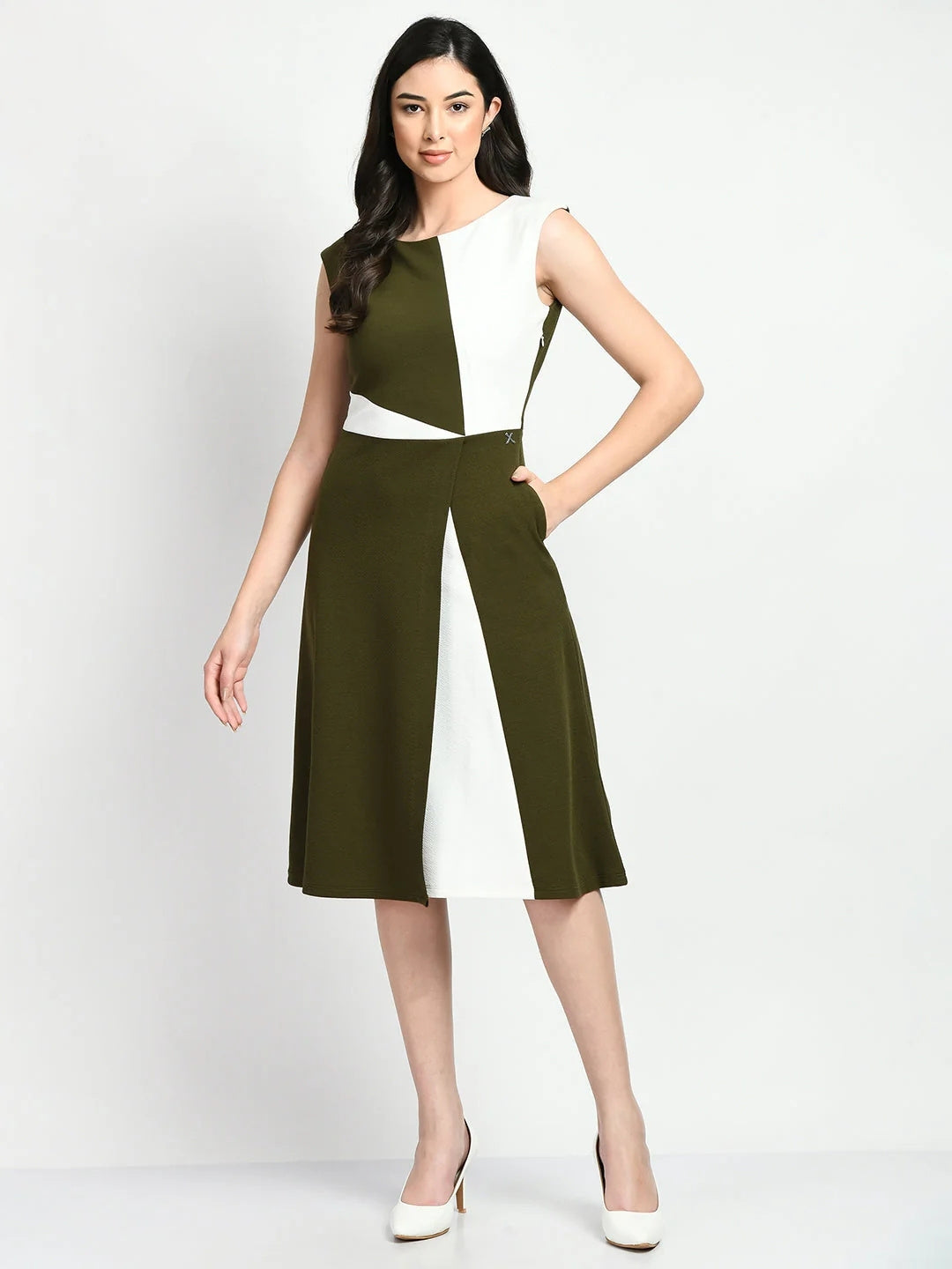 Exude Elegance Colour Blocked A-line Wrap Dress Olive + White Dresses