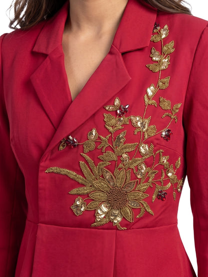 Exude Scarlet Bloom Embroidered Blazer Set