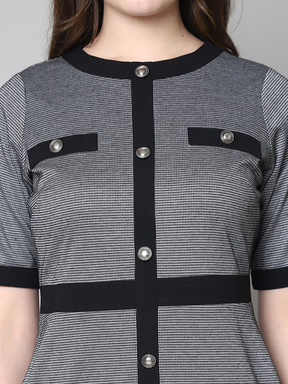 Exude In Her Power Sheath Dress with Button Detailing (Black &amp; Grey)