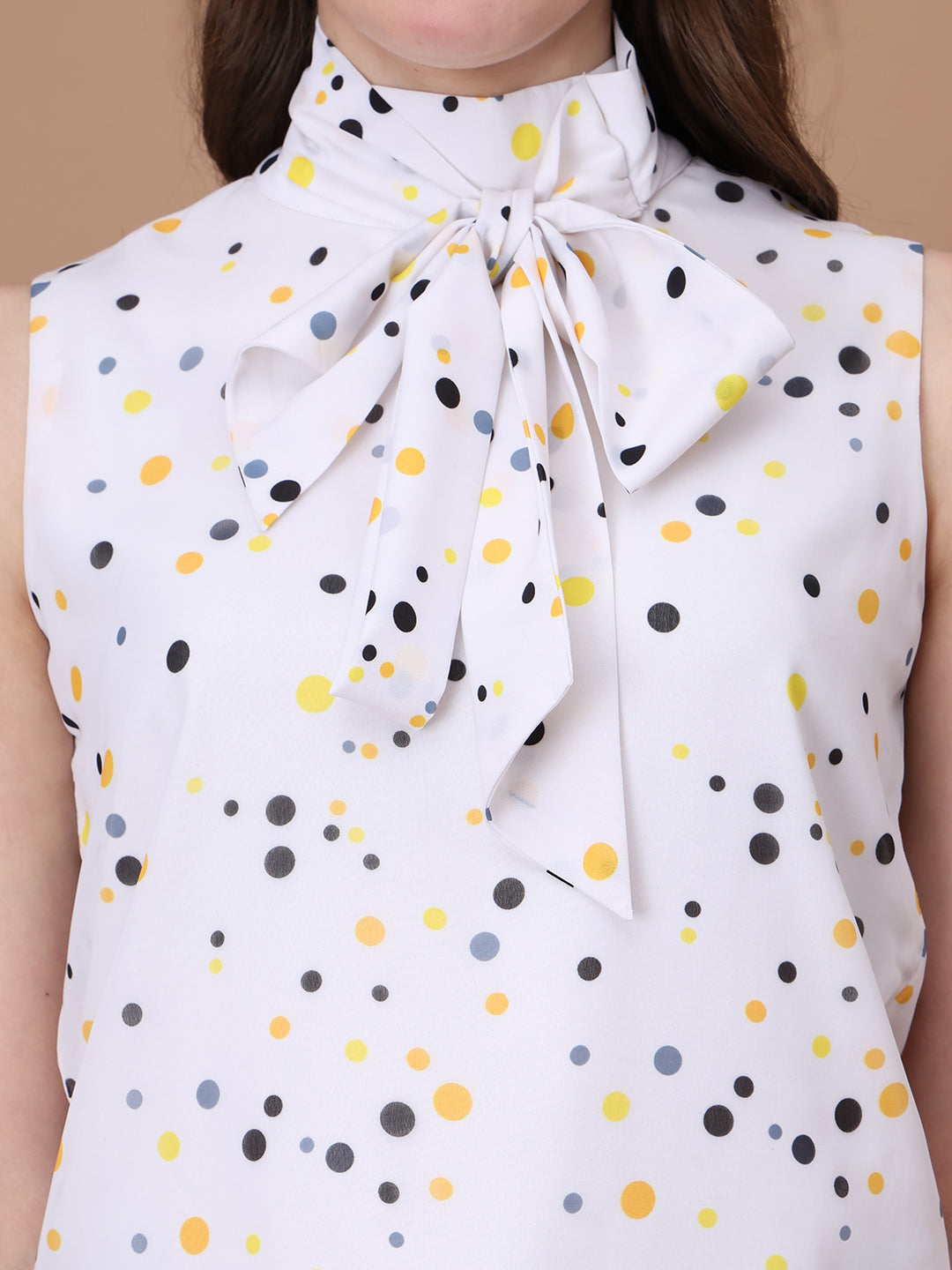 Exude Graceful Threads Sleeveless Polka Top with Front Tie