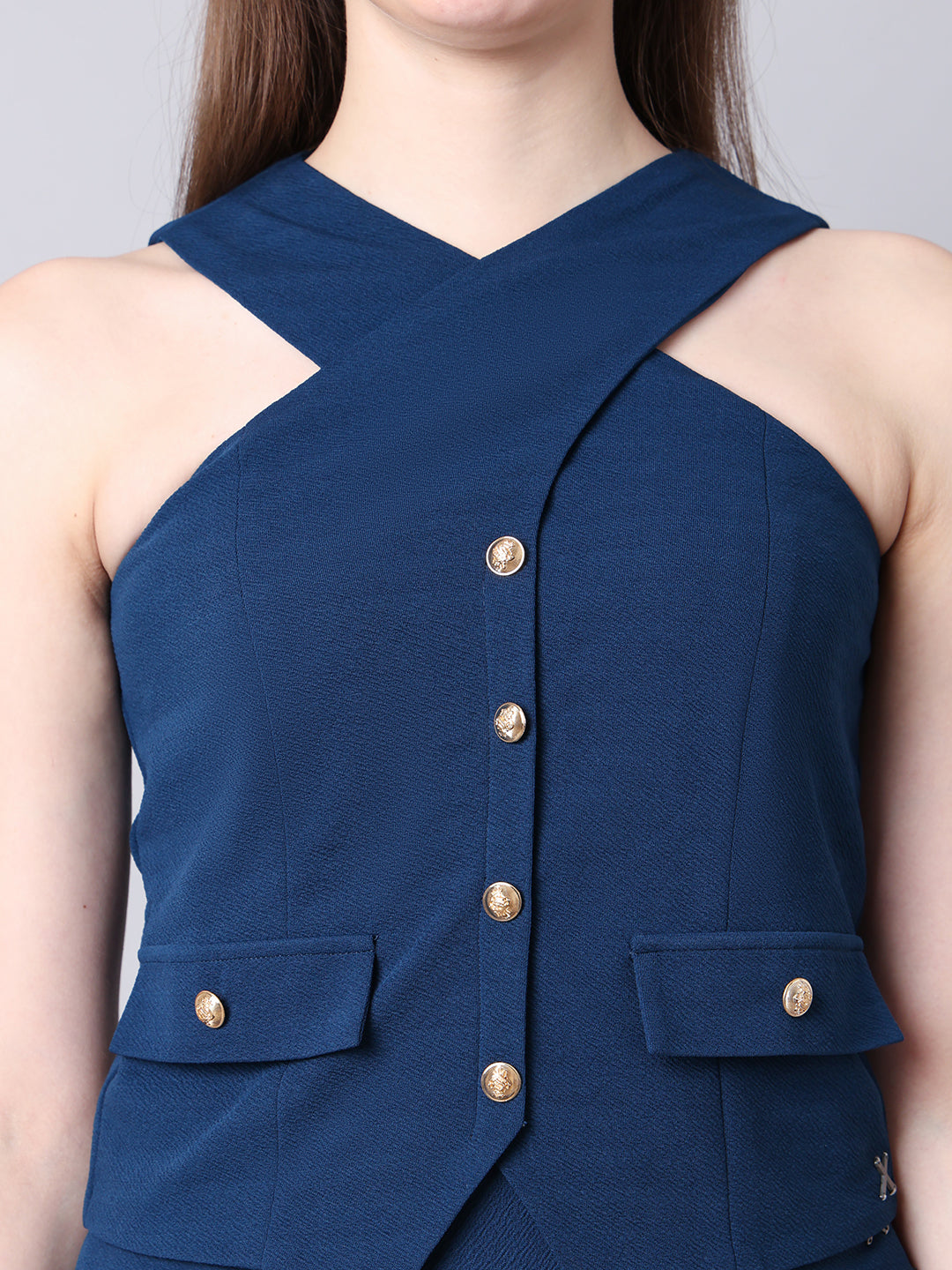 Exude Sophistication Cross Design Halter Top (Blue)