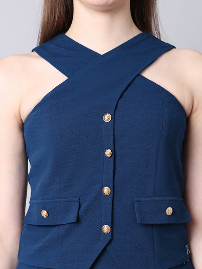 Exude Sophistication Cross Design Halter Top (Blue)
