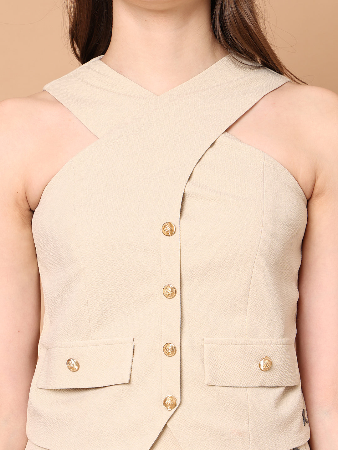Exude Runway-Ready Long Skirt with Halter Top (Beige)
