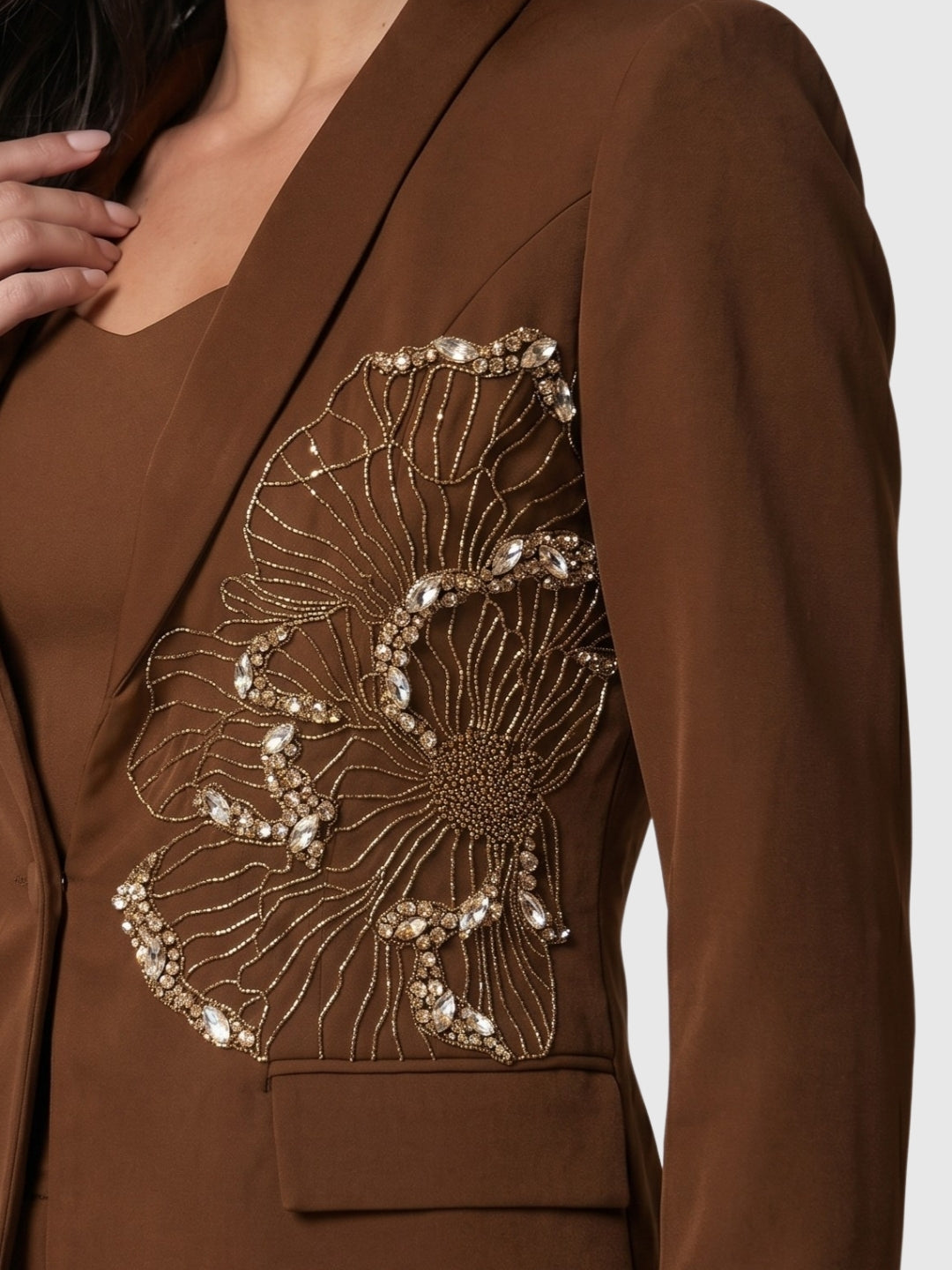 Exude Mocha Grace Embroidered Blazer Skirt Set