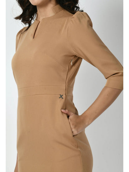 Exude Grace Puff Sleeves Sheath Dress Beige Dresses