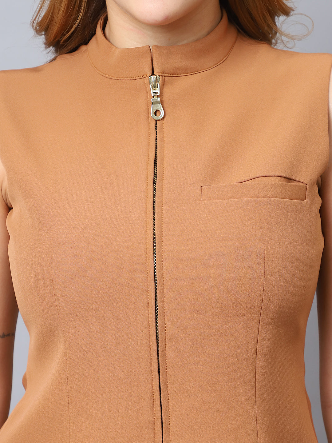 Golden Edge Zip-Up Waistcoat Top Beige