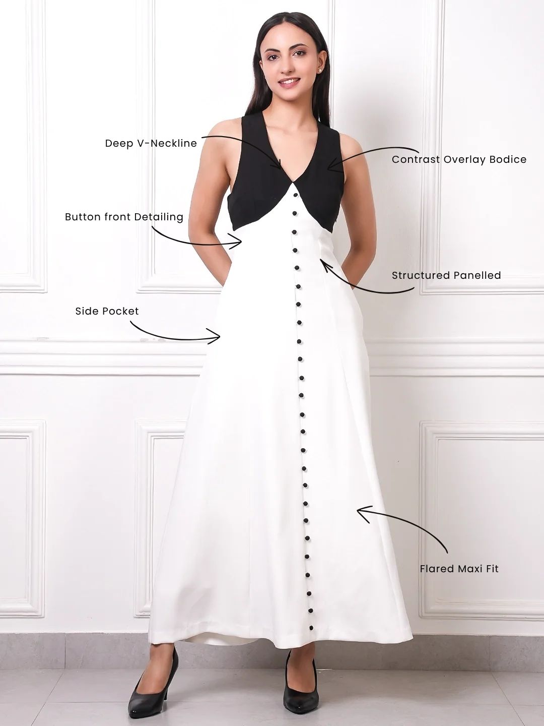 EXUDE Monochrome Button-Down Maxi Dress