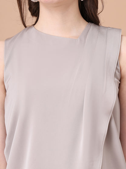 Exude Infinite Femme Satin Sleeveless Top with Front Side Overlay  (Light Beige)
