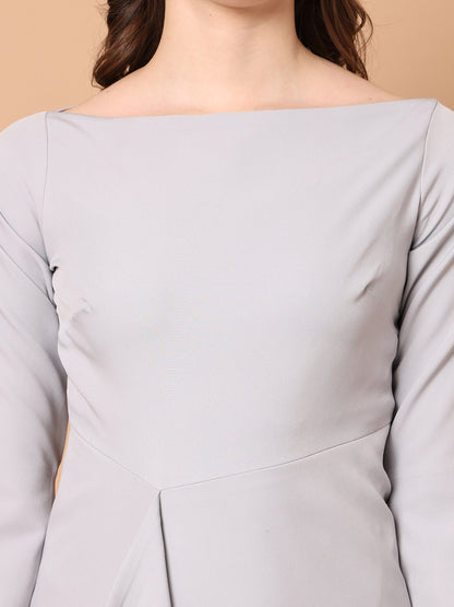 Exude Sunlit Drape Dress With Sleeves (Grey)