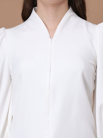 Exude Whimsical Wonders Dramatic Puff Sleeve Top with Front Zip (White)