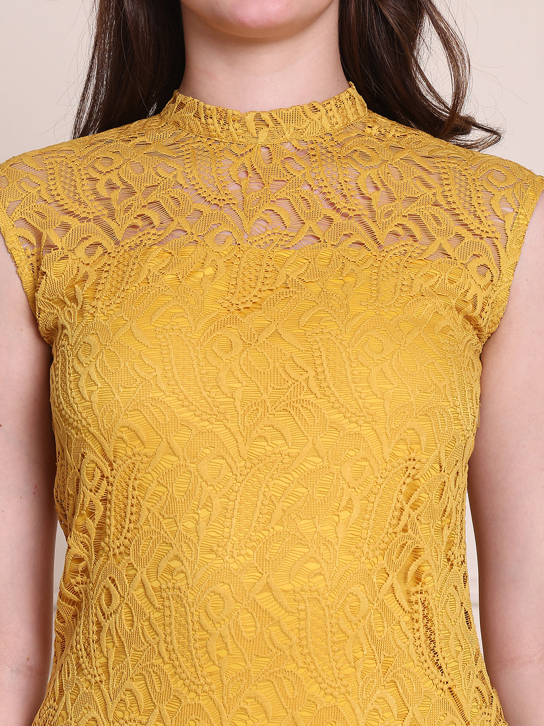 Exude Lace Nights Mustard Lace Sheath Dress With High-neck Line