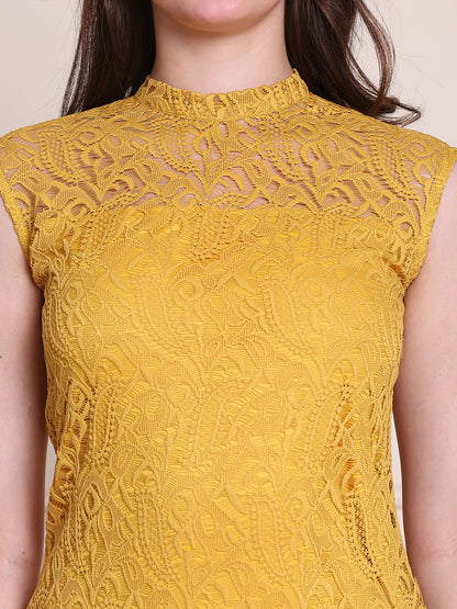 Exude Lace Nights Mustard Lace Sheath Dress With High-neck Line
