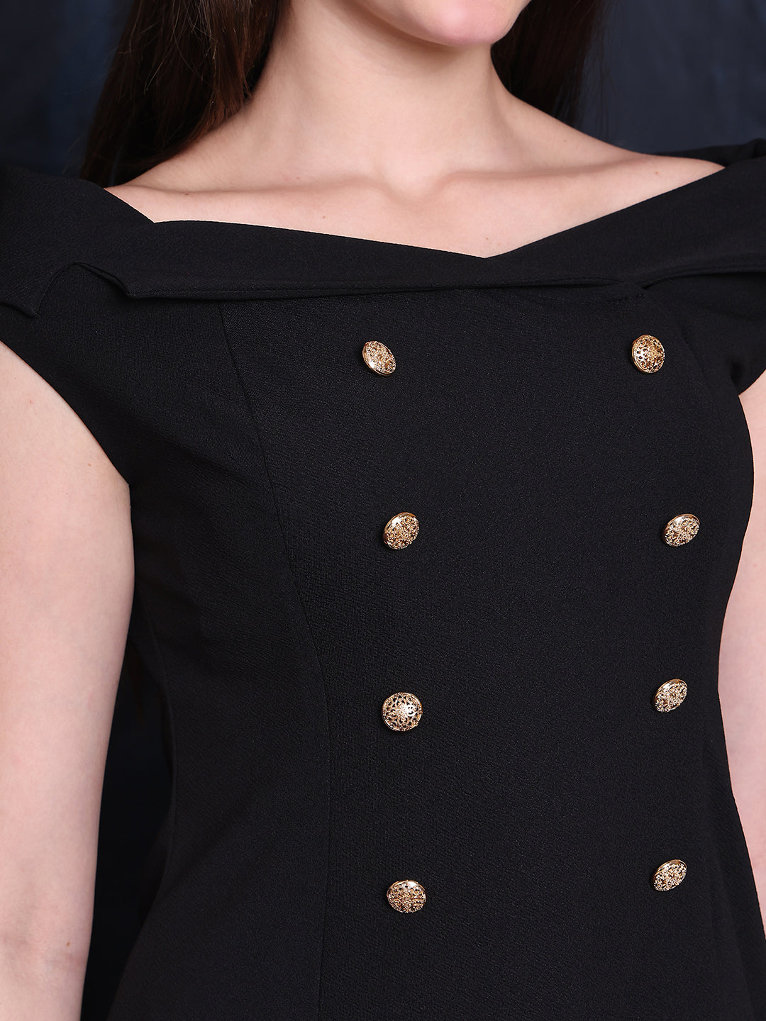 Exude Electric Elegance Black Off-Shoulder Collar A-line Dress