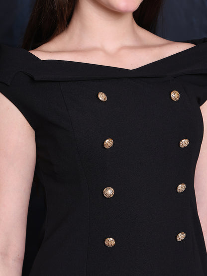 Exude Electric Elegance Black Off-Shoulder Collar A-line Dress