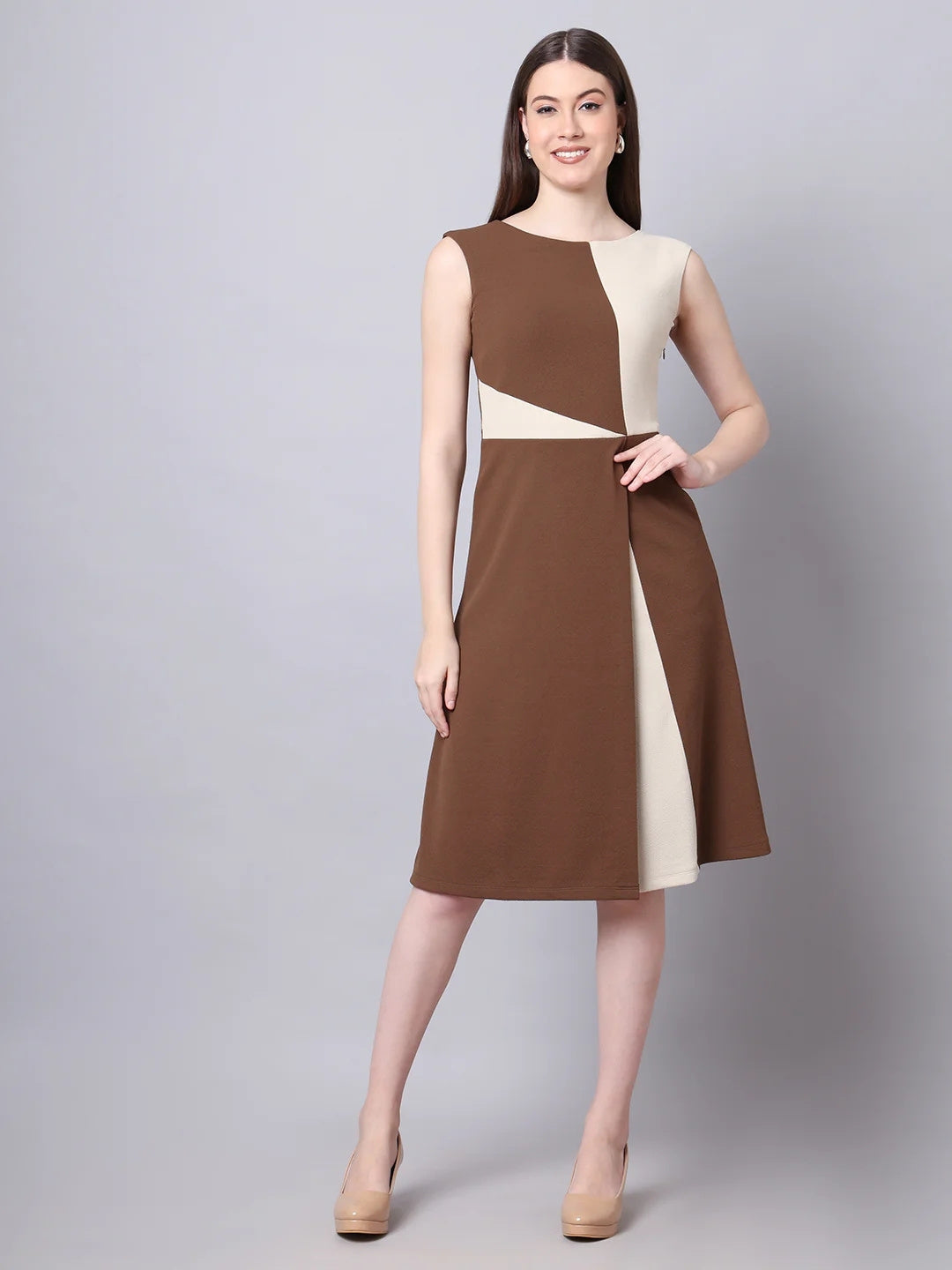 Exude Vibrant Versatility Colour Block A-line Dress Coffee Dresses