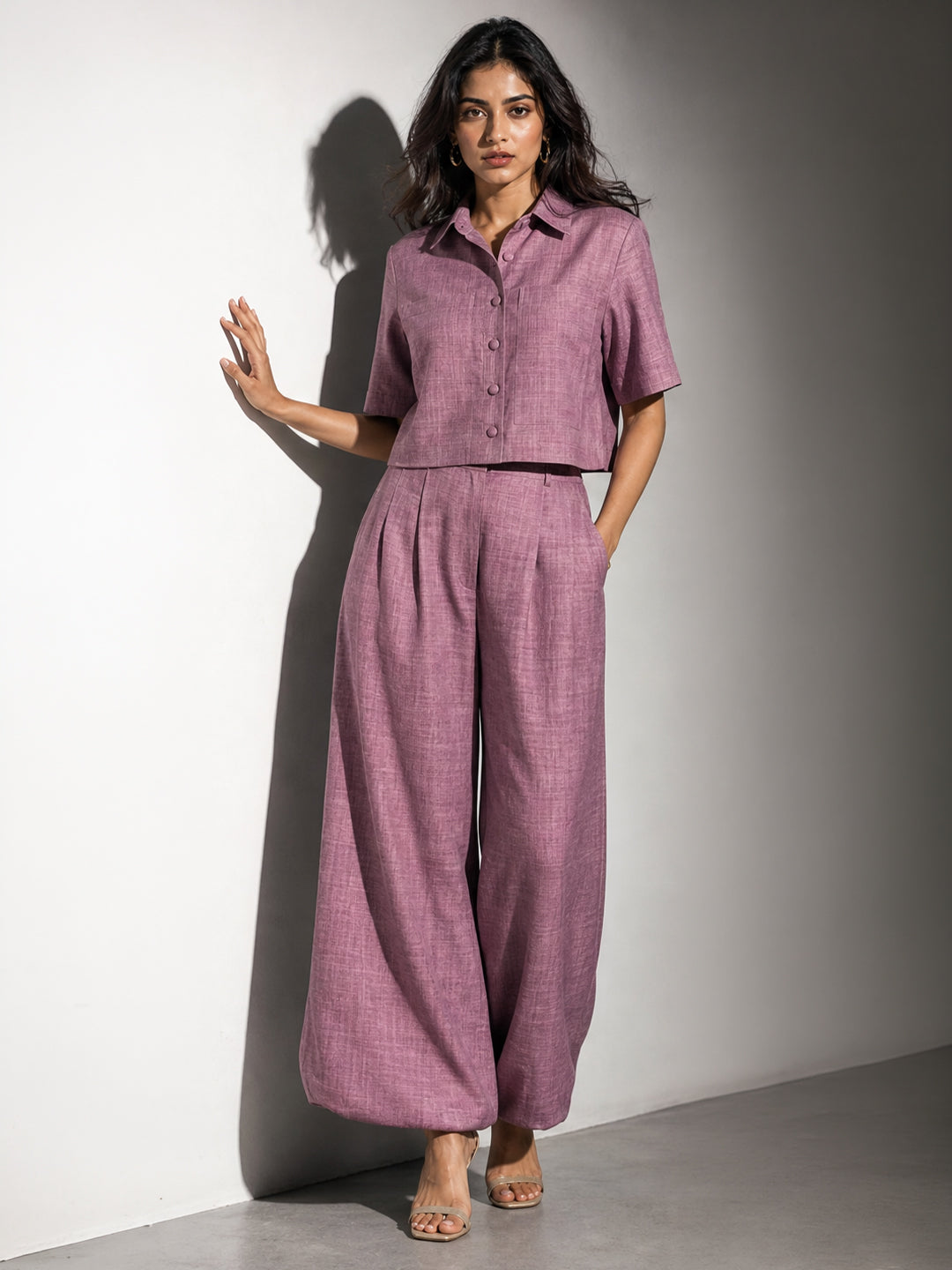Mauve Linen Shirt &amp; Wide-Leg Pants Co-ord Set