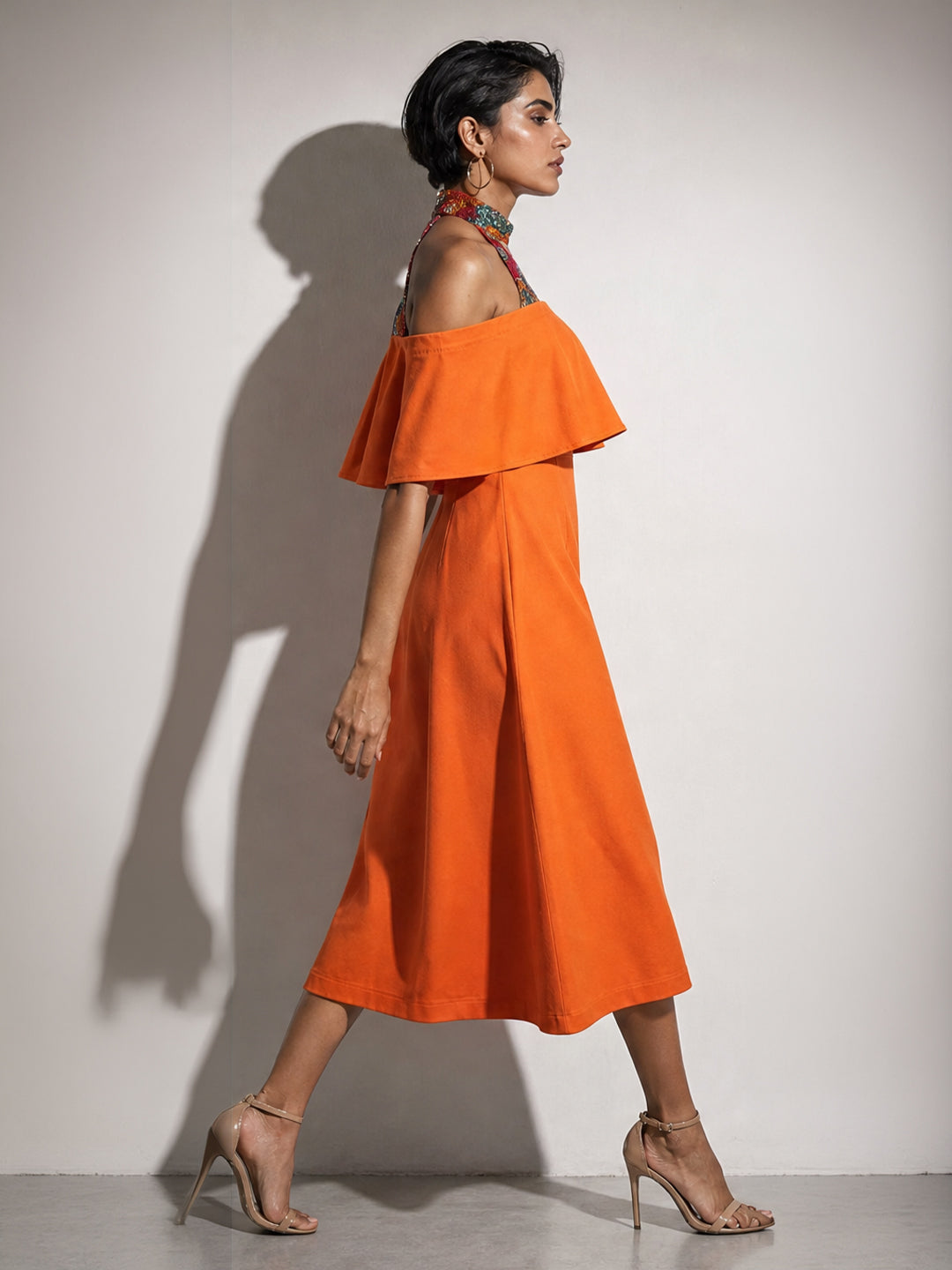 Orange Halter Neck Ruffle Midi Dress