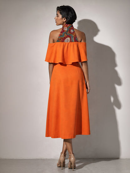 Orange Halter Neck Ruffle Midi Dress
