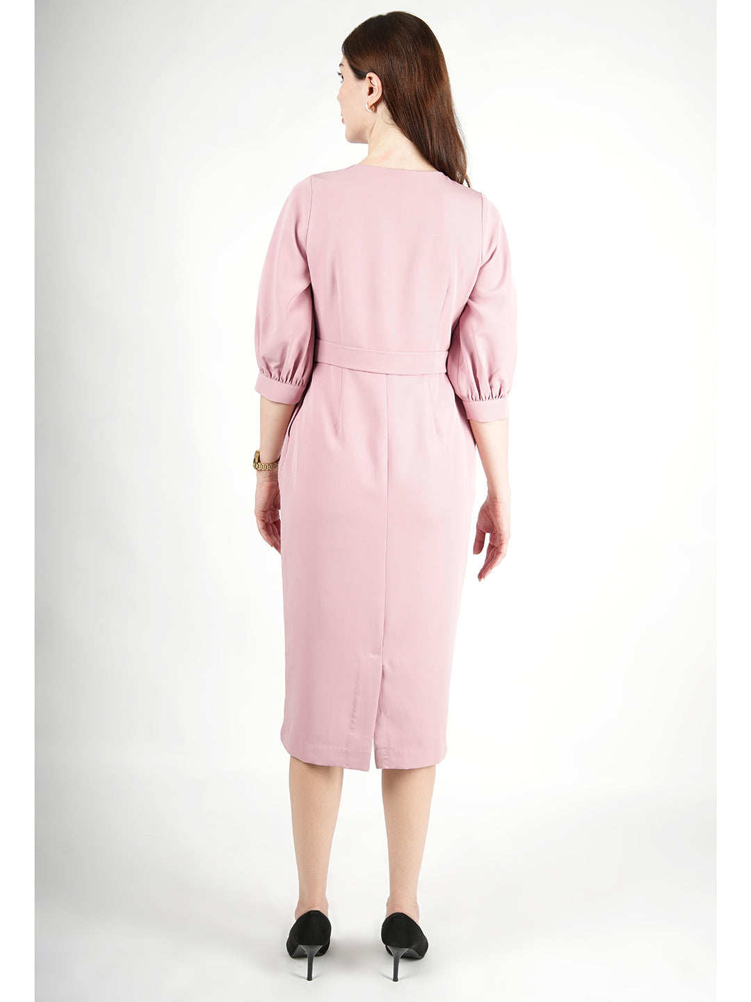 Exude Bright Low 3/4 Puff Sleeve Dress (Blush Pink) XS