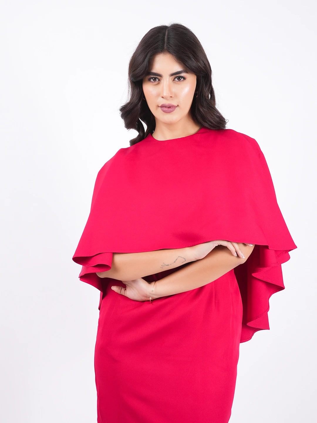 Exude Ruby Aura Cape Dress 