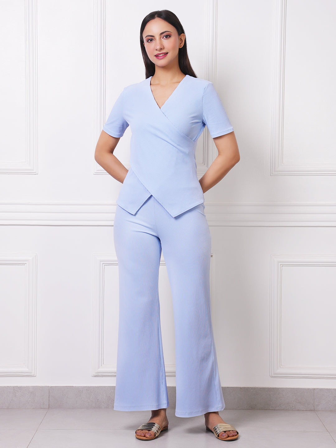Powder Blue Ribbed Co-Ord Set  Wrap Top &amp; Flared Pants