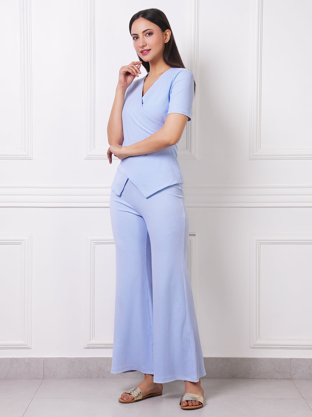 Powder Blue Ribbed Co-Ord Set  Wrap Top &amp; Flared Pants