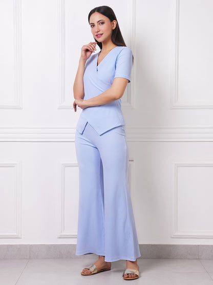 Powder Blue Ribbed Co-Ord Set  Wrap Top &amp; Flared Pants