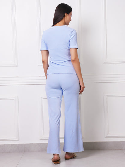 Powder Blue Ribbed Co-Ord Set  Wrap Top &amp; Flared Pants