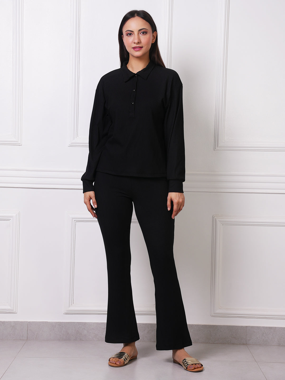 Black Ribbed High-Waist Flare Pants