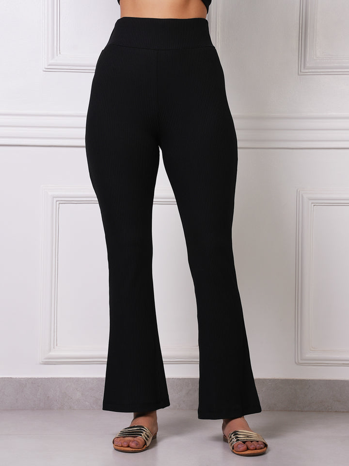 Black Ribbed High-Waist Flare Pants